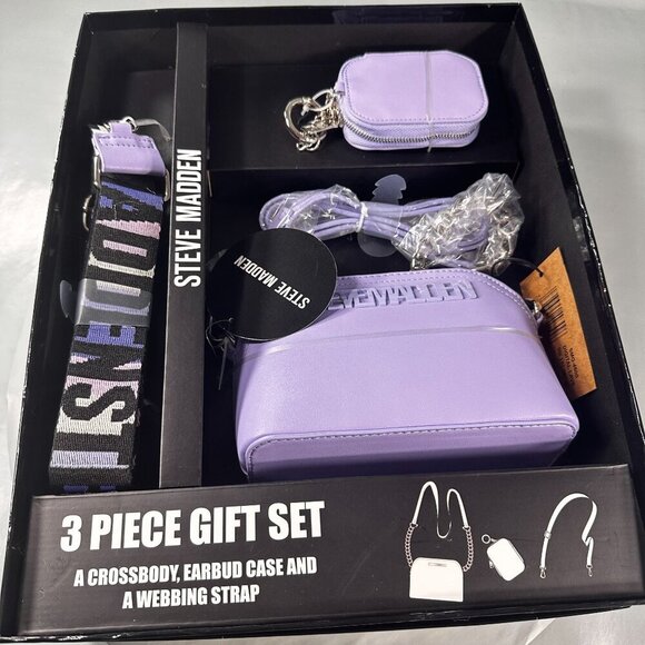 Steve Madden Crossbody Women Handbag Monogram Strap Coin Purse Keychain Purple - Picture 2 of 16